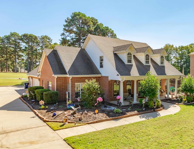 cape cod-style house featuring a front yard, an attached garage, brick siding, and driveway