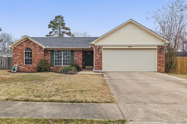 ranch-style house featuring a garage, brick siding, fence, driveway, and a front yard