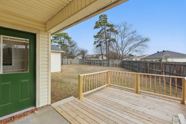 deck featuring a yard and a fenced backyard