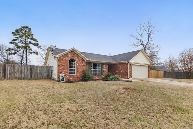 ranch-style home featuring brick siding, fence, a garage, driveway, and a front lawn