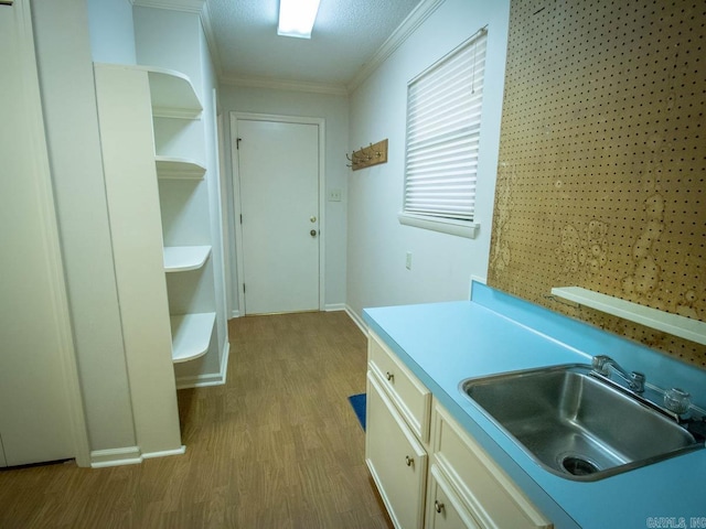 laundry area featuring crown molding, a sink, and wood finished floors