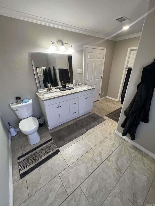 full bathroom with crown molding, visible vents, a sink, and double vanity