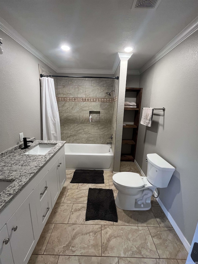 bathroom with toilet, shower / tub combo, a sink, baseboards, and crown molding