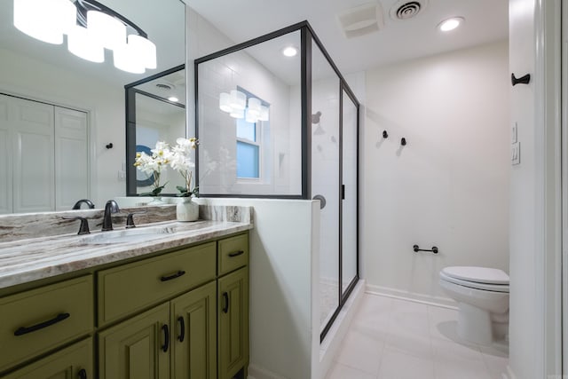 bathroom featuring tile patterned flooring, visible vents, a shower stall, and toilet