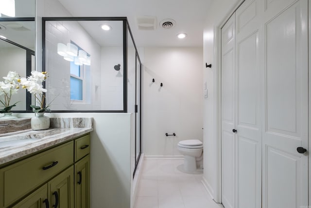 full bath featuring visible vents, toilet, a stall shower, vanity, and tile patterned floors