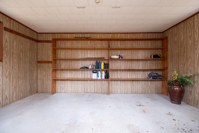 garage featuring wooden walls