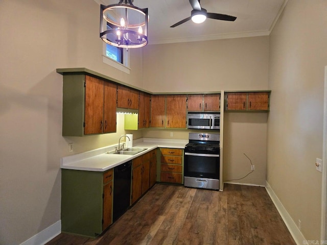 kitchen with stainless steel appliances, a sink, light countertops, brown cabinetry, and crown molding