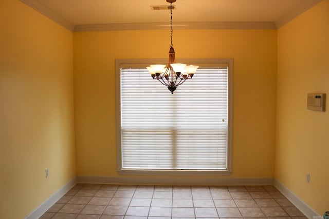 unfurnished dining area featuring ornamental molding, light tile patterned floors, visible vents, and an inviting chandelier