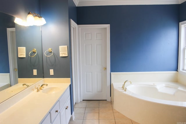 full bath with crown molding, a garden tub, vanity, and tile patterned floors