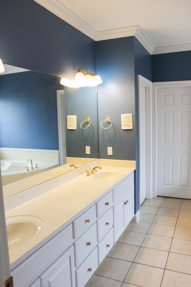 full bathroom with crown molding, double vanity, a sink, and tile patterned floors