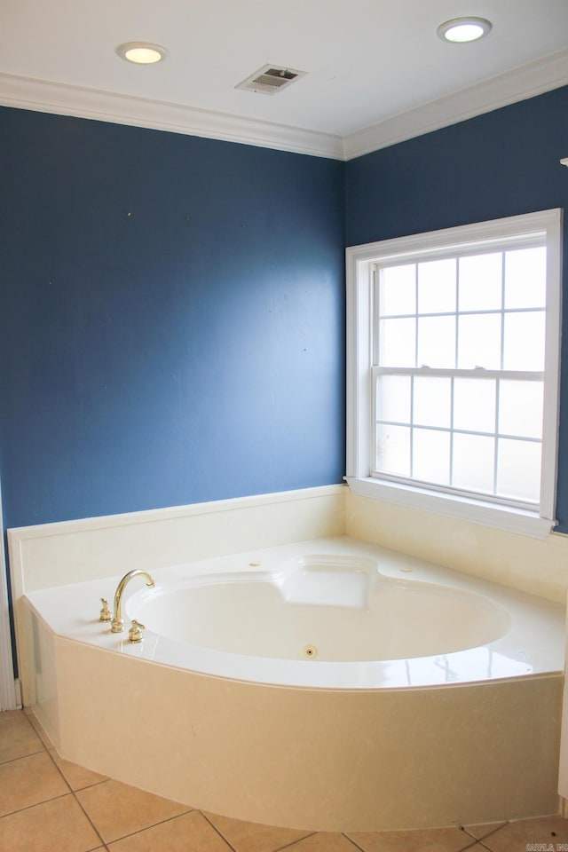 full bathroom with a bath, tile patterned flooring, visible vents, and crown molding