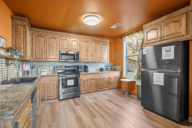 kitchen featuring stainless steel appliances, a sink, visible vents, light wood-type flooring, and decorative backsplash