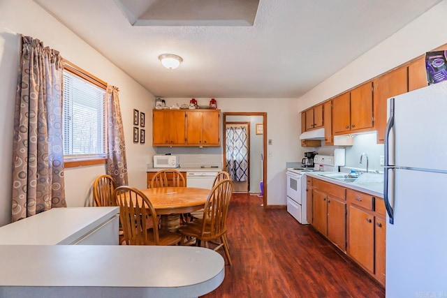 kitchen with white appliances, dark wood-style flooring, light countertops, under cabinet range hood, and a sink