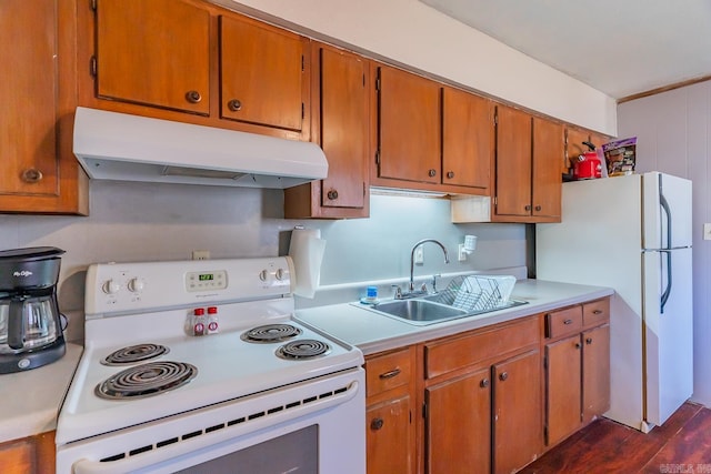 kitchen with white appliances, brown cabinetry, light countertops, under cabinet range hood, and a sink