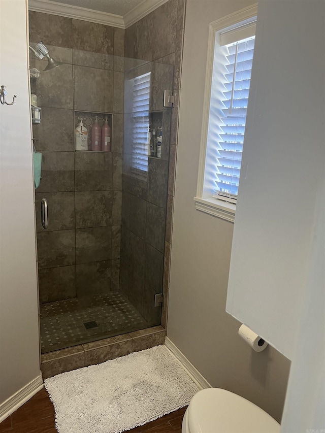 full bathroom with baseboards, a shower stall, toilet, and wood finished floors