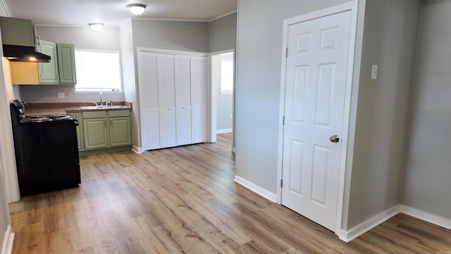 kitchen with light wood finished floors, black gas stove, under cabinet range hood, green cabinets, and a sink