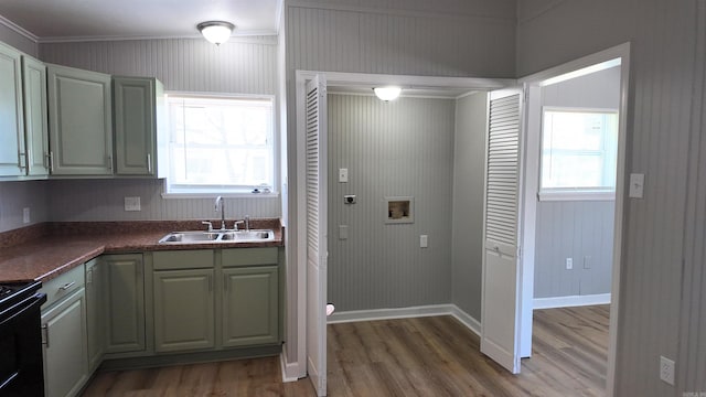 kitchen with a healthy amount of sunlight, light wood finished floors, black electric range, and a sink