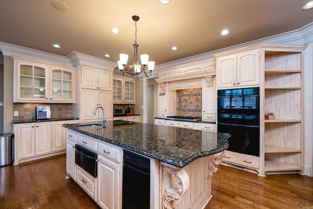 kitchen featuring a warming drawer, dark wood-style flooring, a sink, and dobule oven black