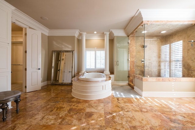 full bathroom with ornate columns, ornamental molding, and a healthy amount of sunlight