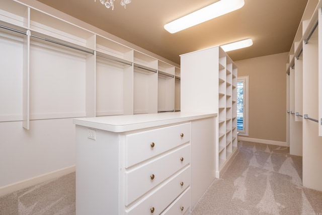 walk in closet with light carpet and a barn door