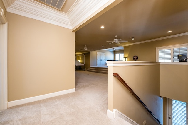 hall featuring baseboards, light colored carpet, crown molding, an upstairs landing, and recessed lighting