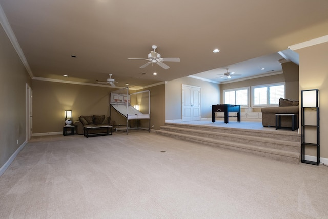 interior space featuring carpet, baseboards, and crown molding