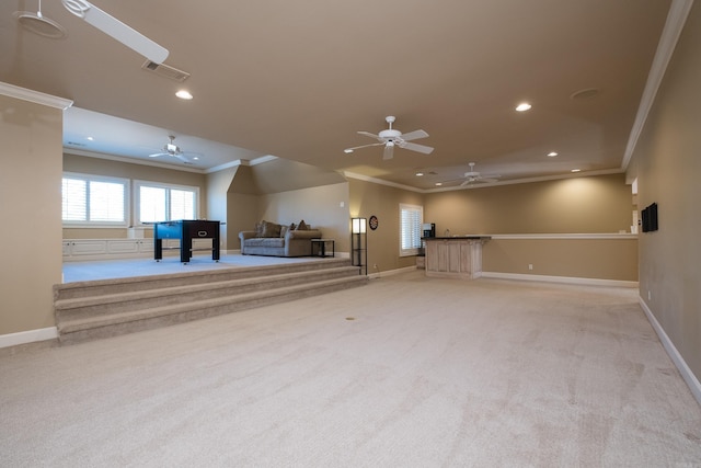 interior space featuring recessed lighting, light colored carpet, and baseboards