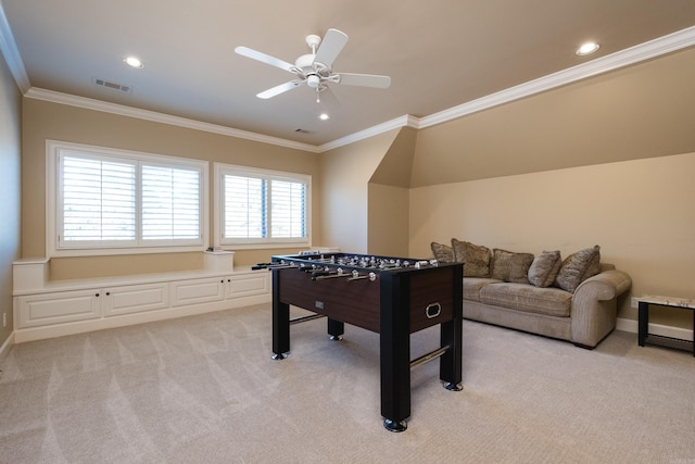 playroom featuring visible vents, a ceiling fan, light colored carpet, ornamental molding, and recessed lighting