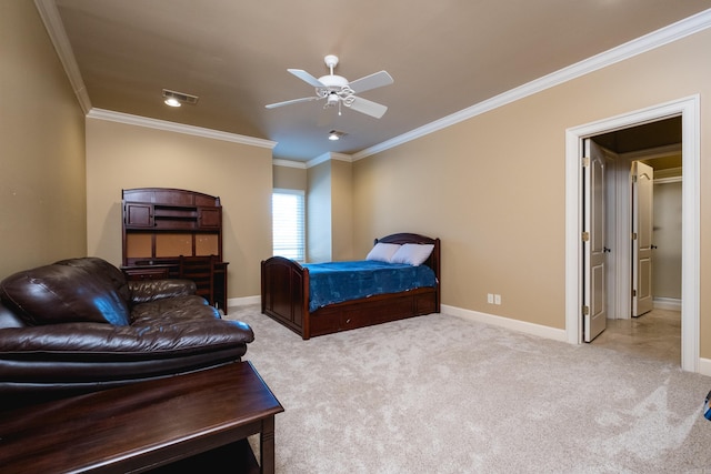 carpeted bedroom with baseboards, ceiling fan, visible vents, and crown molding