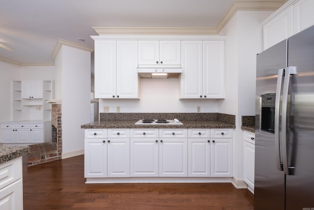 kitchen featuring dark wood finished floors, stainless steel refrigerator with ice dispenser, ornamental molding, white cabinetry, and under cabinet range hood