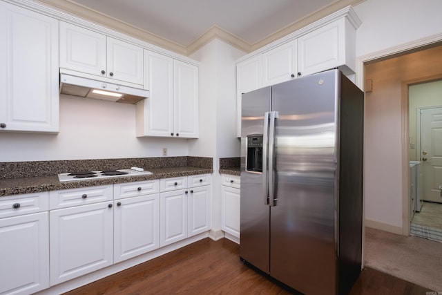 kitchen with stainless steel fridge, white electric stovetop, white cabinets, dark wood-style flooring, and under cabinet range hood