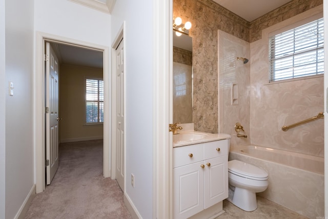 full bathroom featuring shower / tub combination, toilet, vanity, baseboards, and crown molding