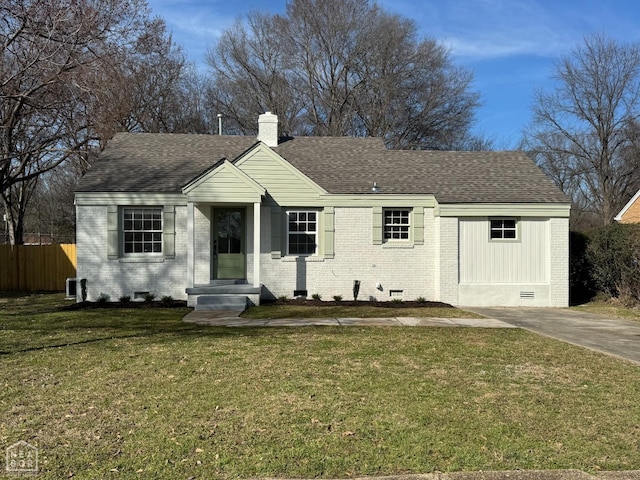 single story home with crawl space, roof with shingles, fence, and brick siding