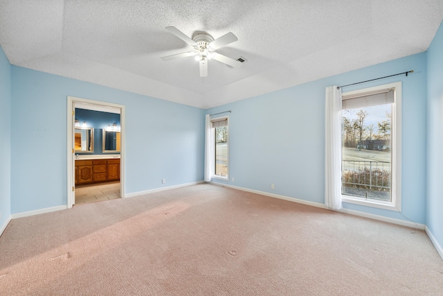 interior space with a raised ceiling, visible vents, light carpet, a textured ceiling, and baseboards