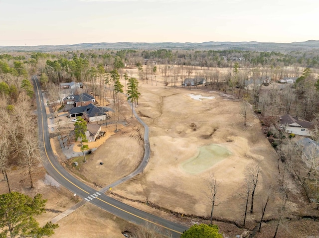 birds eye view of property featuring a mountain view and a view of trees