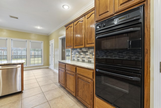 kitchen featuring dobule oven black, tasteful backsplash, dishwasher, ornamental molding, and light stone countertops