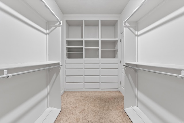 walk in closet featuring light carpet