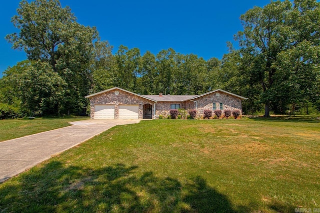 mid-century inspired home with an attached garage, concrete driveway, stone siding, and a front yard