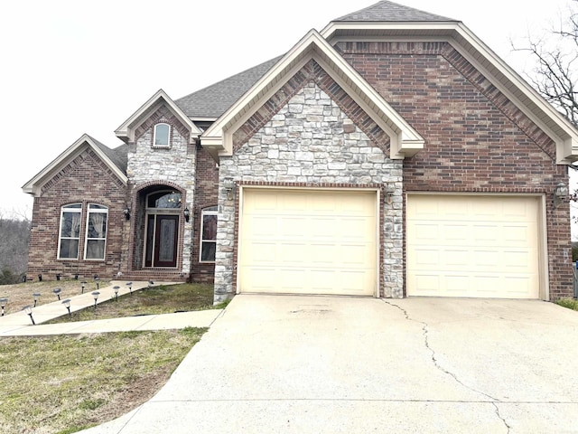 view of front of house with driveway, brick siding, an attached garage, and a shingled roof