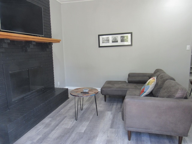 living room with a fireplace, wood finished floors, and baseboards