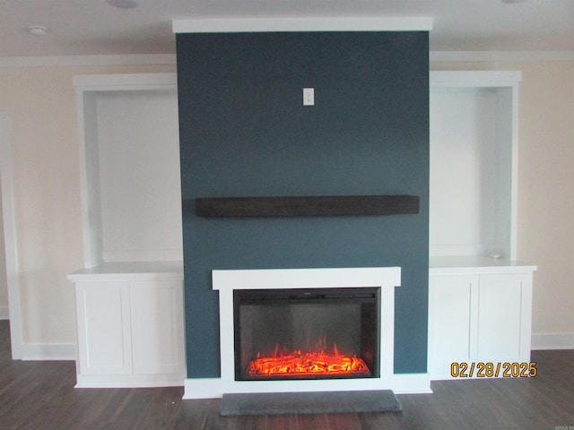 details featuring baseboards, wood finished floors, and a glass covered fireplace