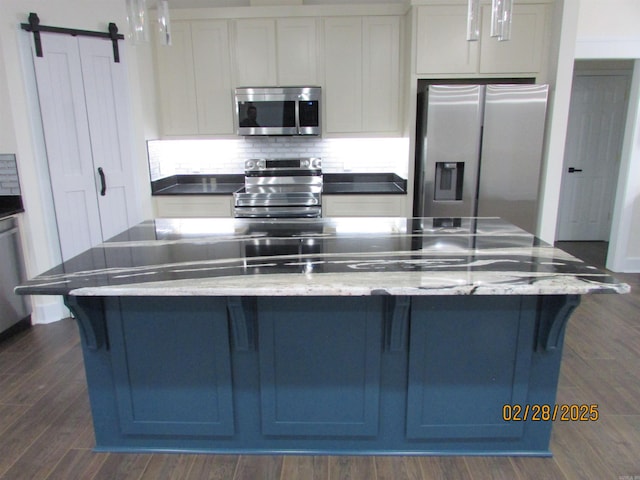 kitchen with a barn door, tasteful backsplash, a large island, appliances with stainless steel finishes, and dark wood-type flooring