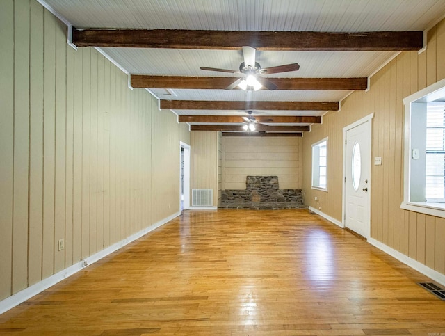 unfurnished living room with a healthy amount of sunlight, light wood finished floors, visible vents, and a stone fireplace