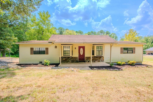 single story home with a front yard, stone siding, and crawl space