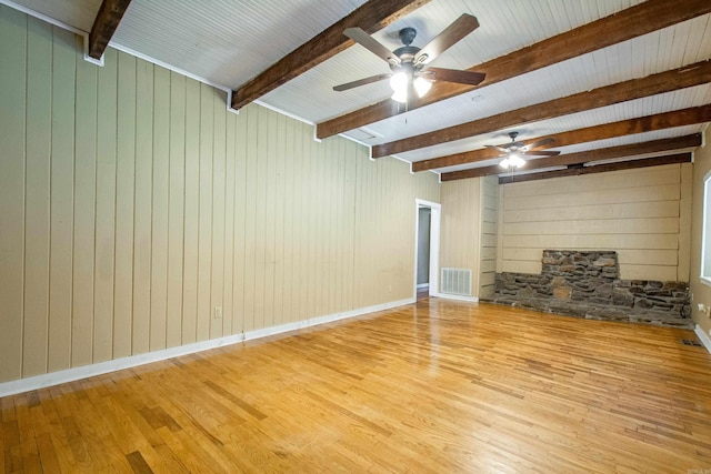 unfurnished living room with beamed ceiling, a fireplace, wood finished floors, and visible vents