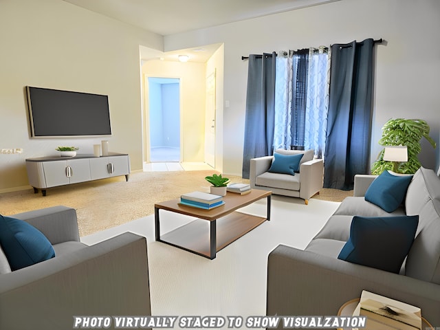 living room with carpet floors and baseboards