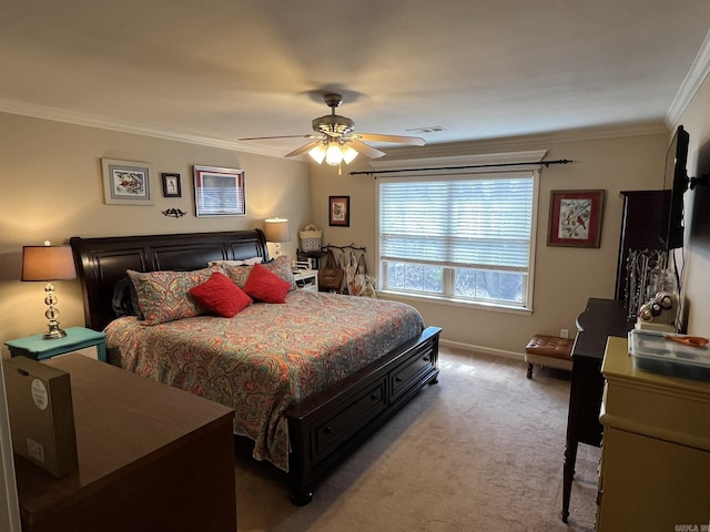 carpeted bedroom with ornamental molding, visible vents, baseboards, and a ceiling fan