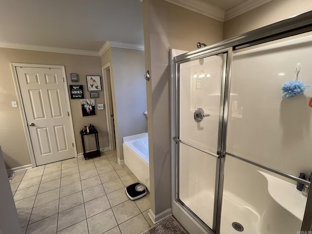 full bathroom with a shower stall, ornamental molding, and tile patterned flooring