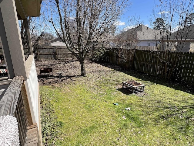 view of yard with an outdoor fire pit and a fenced backyard