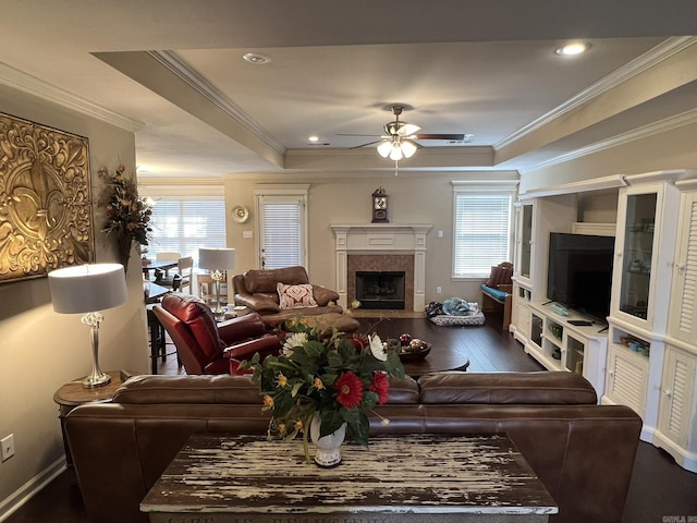 living area featuring a ceiling fan, a raised ceiling, a healthy amount of sunlight, and a fireplace